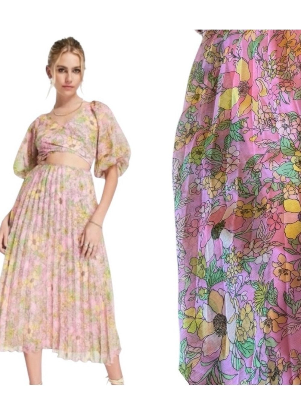ASOS Artsy Nouveau Pink Floral Puff Sleeve Cutout Midriff Wrap Bodice Midi Dress